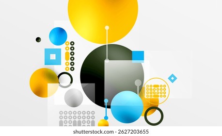 Abstrakte geometrische Zusammensetzung. Kreise, Quadrate, Punkte schaffen modernes visuelles Design. Helle Farben kontrastieren mit Grautönen.
