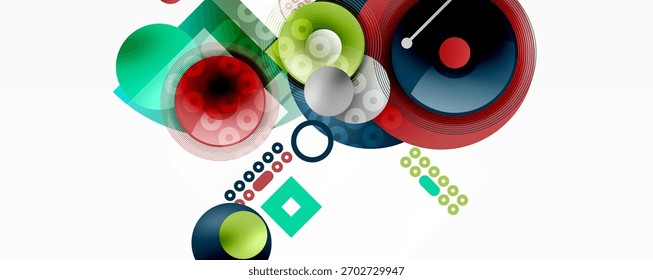 Abstract geometric composition. Circles, squares, lines create dynamic visual arrangement. Bright colors, modern design elements present.