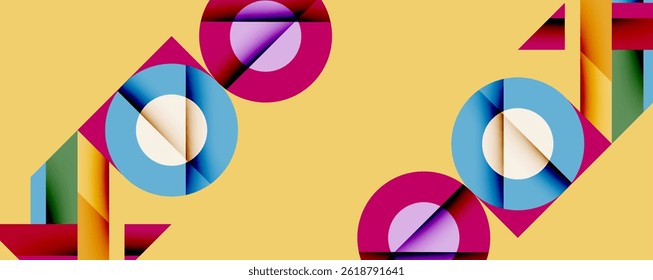 Abstract geometric composition. Circles, triangles, rectangles overlap. Bright colors create dynamic visual effect. Minimalist design.