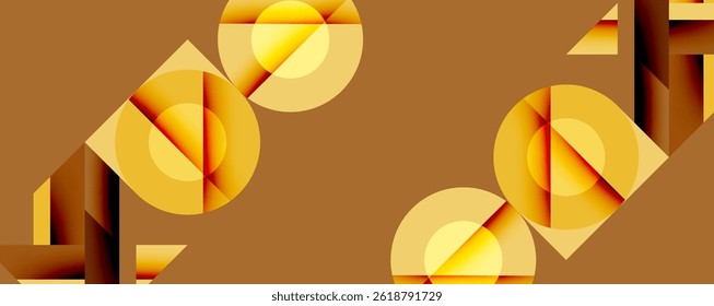Abstract geometric composition. Circles, triangles overlap creating golden gradients. Minimalist design, warm tones dominate visual space.