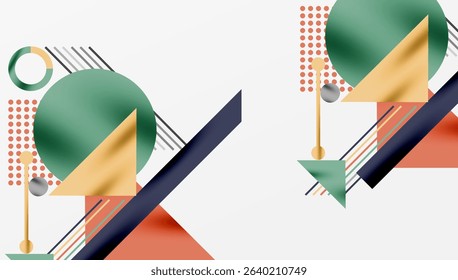 Abstract geometric composition. Circles, triangles, lines create modern design. Warm, cool colors contrast, offering visual interest.