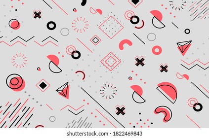 Abstract geometric composition of colorful background from geometric shapes of circles, rectangles, lines, etc.