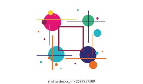 Uma composição geométrica abstrata com círculos e linhas coloridas formando um padrão dinâmico.