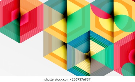 Composição geométrica abstrata. Hexágonos coloridos se sobrepõem, criando ilusão ótica. As linhas sugerem profundidade, dimensão. Design moderno.