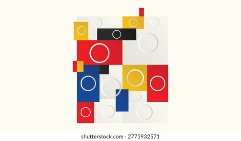 Abstract geometric composition with colorful rectangles and white circles