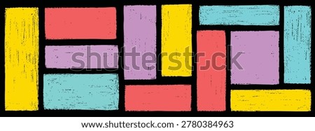 Abstract geometric composition with colorful rectangular blocks, hand-drawn crayon texture style, vibrant artistic background with various shapes.