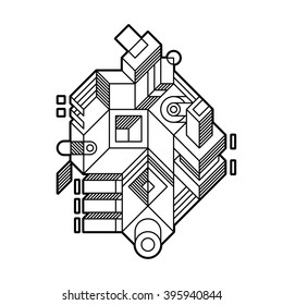 Abstract geometric composition with complex geometric shapes. Style of modern art and graffiti. The design element is isolated on a white background, suitable for prints, posters and covers.