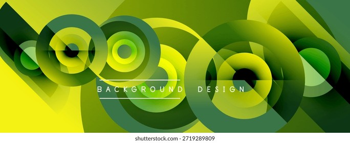 Composición geométrica Abstractas. Los círculos concéntricos se superponen, creando un efecto visual dinámico. Los tonos amarillos y verdes dominan el diseño. Estética moderna.