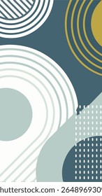 Abstract geometric composition with curved lines and dots in a muted color palette of teal, gold, and light blue, creating a modern and minimalist design.