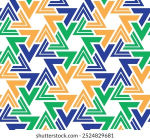 Composição geométrica abstrata com hexágonos decorativos verdes, azuis e amarelos e pequenos triângulos sobre um fundo branco. Padrão de repetição uniforme.  Estilo étnico moderno.