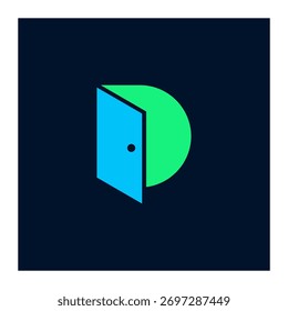 Abstractas Composición Geométrica De Puerta Y Círculo En Azul Y Verde Con Fondo Oscuro