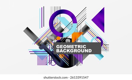 Abstract geometric composition. Dynamic shapes, lines, circles create modern design. Purple, blue, orange hues dominate neutral background. Minimalist aesthetic.