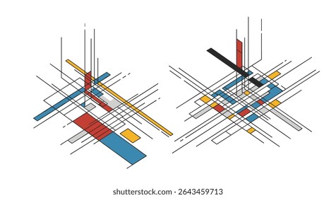 Abstract Geometric Composition Exploring Three-Dimensional Space with Intersecting Lines and Rectangular Plane