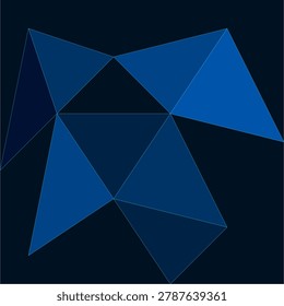 Abstract geometric composition featuring blue Delaunay triangle tessellation with cyan outlines over a dark navy background professional illustration