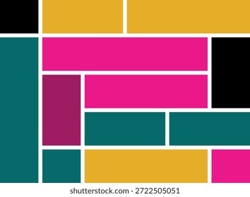 Abstract geometric composition featuring brightly colored rectangular blocks and shapes