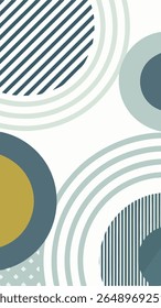 Abstract geometric composition featuring circles, arcs, and stripes in muted tones of blue, green, and gold against a white background. Modern design.