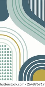 Composição geométrica abstrata com linhas curvas, listras e pontos em azul-petróleo, azul-marinho e amarelo mostarda sobre um fundo branco. Estilo de arte moderna.