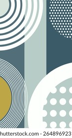 Abstract geometric composition featuring curved lines, concentric circles, and polka dots in a palette of muted blues, greens, and a touch of ochre.