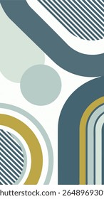 Composição geométrica abstrata com linhas curvas, círculos e faixas diagonais em uma paleta de cores suaves de azul-petróleo, verde-sábio, amarelo-mostarda e branco.