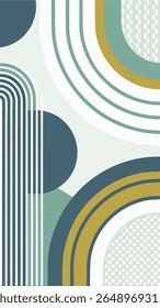 Abstract geometric composition featuring curved lines, circles, and polka dots in a muted color palette of teal, mustard yellow, and off-white.