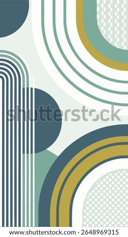Abstract geometric composition featuring curved lines, circles, and polka dots in a muted color palette of teal, mustard yellow, and off-white.