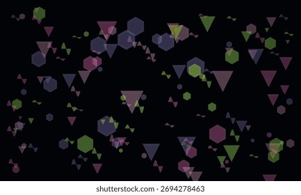 Composição geométrica abstrata com hexágonos e triângulos contra um padrão gráfico de fundo escuro