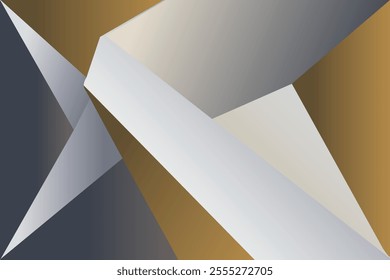 Abstract geometric composition featuring intersecting planes in shades of gray, white, and gold