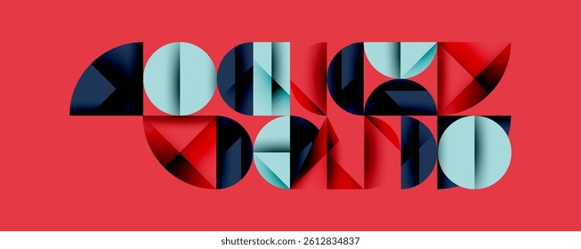 Abstract geometric composition featuring overlapping circles, squares, triangles. Red background provides contrast to blue, teal shapes. Modern design, minimalist aesthetic.