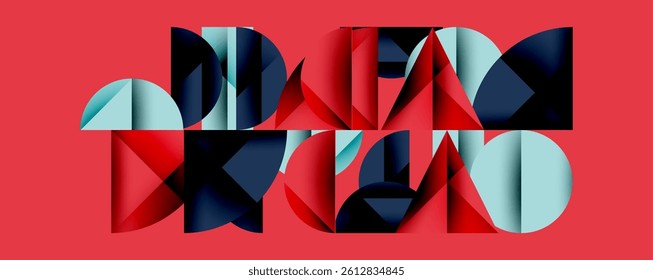 Abstract geometric composition featuring overlapping shapes. Bold colorsreds, blues, turquoisecreate dynamic visual impact. Modern design, clean lines, strong contrast.
