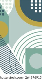 Abstract geometric composition featuring overlapping circles, arcs, and diagonal lines in a palette of muted blues, greens, and mustard yellow. Modern graphic design.
