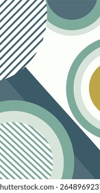 Abstract geometric composition featuring overlapping shapes and diagonal lines in a muted color palette of teal, navy, sage green, and cream.