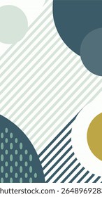 Composição geométrica abstrata com círculos sobrepostos e faixas diagonais em uma paleta de cores suaves de azul-petróleo, verde-sábio e amarelo-mostarda em um fundo branco.