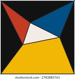 Abstract geometric composition featuring primary colors red blue and yellow with black outlines in a minimalist modern art illustration