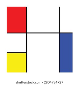 Abstract geometric composition featuring primary colored rectangles and bold black lines inspired by the neoplasticism art movement illustration