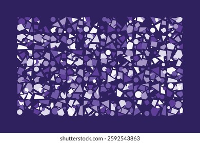 An abstract geometric composition filled with scattered circles, triangles, and polygons in various shades of purple. The dynamic and chaotic design creates a sense of movement and complexity.