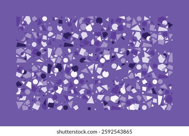 An abstract geometric composition filled with scattered circles, triangles, and polygons in various shades of purple. The dynamic and chaotic design creates a sense of movement and complexity.