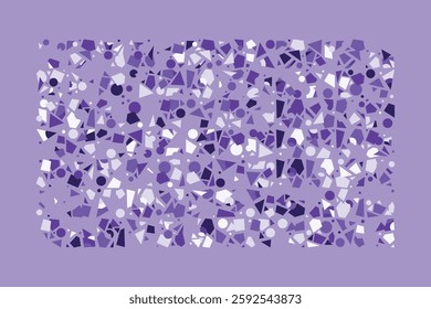 An abstract geometric composition filled with scattered circles, triangles, and polygons in various shades of purple. The dynamic and chaotic design creates a sense of movement and complexity.