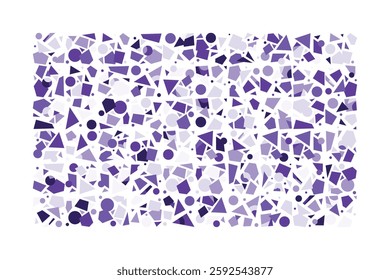 An abstract geometric composition filled with scattered circles, triangles, and polygons in various shades of purple. The dynamic and chaotic design creates a sense of movement and complexity.