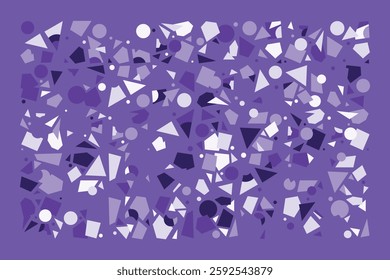 An abstract geometric composition filled with scattered circles, triangles, and polygons in various shades of purple. The dynamic and chaotic design creates a sense of movement and complexity.