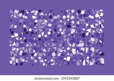 An abstract geometric composition filled with scattered circles, triangles, and polygons in various shades of purple. The dynamic and chaotic design creates a sense of movement and complexity.