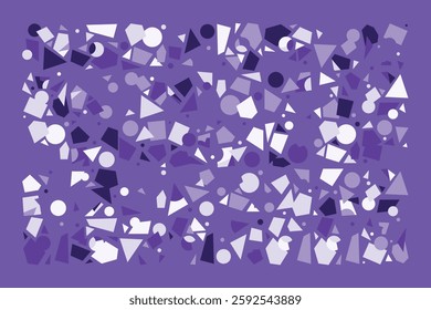 An abstract geometric composition filled with scattered circles, triangles, and polygons in various shades of purple. The dynamic and chaotic design creates a sense of movement and complexity.