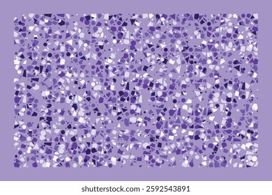 An abstract geometric composition filled with scattered circles, triangles, and polygons in various shades of purple. The dynamic and chaotic design creates a sense of movement and complexity.
