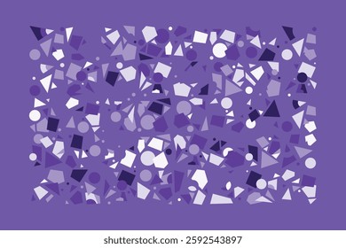 An abstract geometric composition filled with scattered circles, triangles, and polygons in various shades of purple. The dynamic and chaotic design creates a sense of movement and complexity.