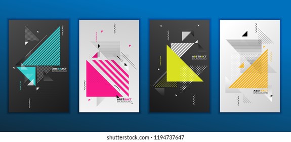 Abstract geometric composition forms modern background with decorative triangles and patterns backdrop vector illustration set