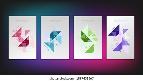 Abstract geometric composition forms modern background with decorative triangles and patterns backdrop vector illustration set