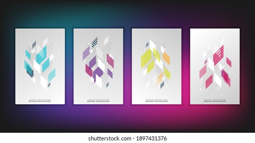 Abstract geometric composition forms modern background with decorative triangles and patterns backdrop vector illustration set