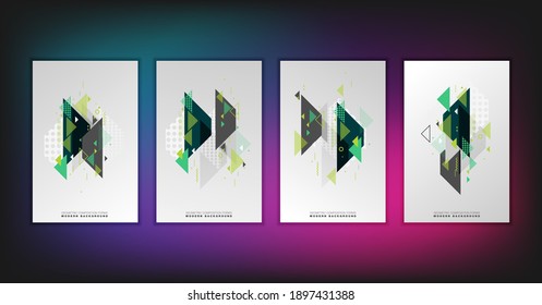 Abstract geometric composition forms modern background with decorative triangles and patterns backdrop vector illustration set