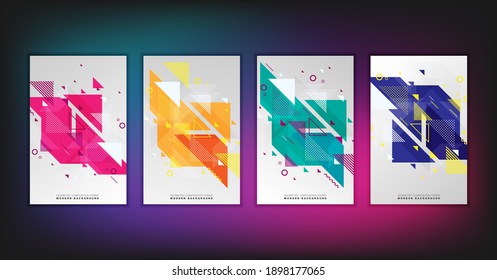 Abstract geometric composition forms modern background with decorative triangles and patterns backdrop vector illustration set