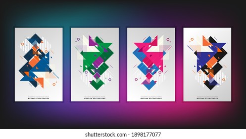 Abstract geometric composition forms modern background with decorative triangles and patterns backdrop vector illustration set