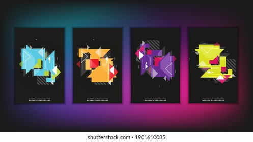Abstract geometric composition forms modern background with decorative triangles and patterns backdrop vector illustration set